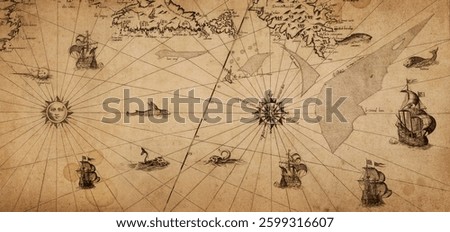 Old map collage background. A concept on the topic of sea voyages, discoveries, pirates, sailors, geography, travel and history. Pirate, travel and nautical background. 