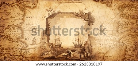 Old map collage background. A concept on the topic of sea, voyages, discoveries, pirates, sailors, geography, travel and history. Effect of overlay on old texture of paper.  