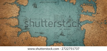 Old map collage background. A concept on the topic of sea voyages, discoveries, pirates, sailors, geography, travel and history. Effect of overlay on old texture of paper.  Pirate, travel and nautical background. 