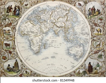 Old Map Of Hemisphere Oriental. Created By John Tallis, Published On Illustrated Atlas, London 1851