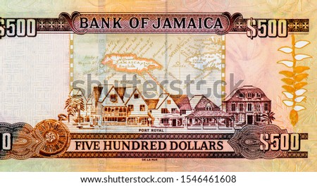 Old map of Jamaica; Port Royal (Cayo de Carena). Portrait from Jamaica 500 Dollars 2003 Banknotes. 