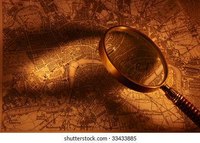 Old Map Of London With Magnifying Glass