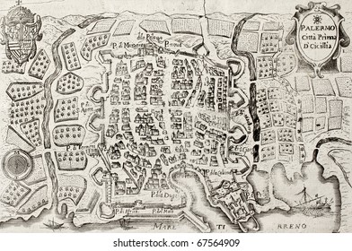 An Old Map Of Palermo, The Main Town In Sicily. May Be Dated To The 18th C.