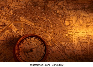 Old Map Of Paris With Compass