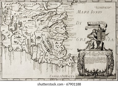 Old map of South-East Sicily.  The original map is datable approximately between the and of 17th c. and the beginning of 18th c. and was created by Franciscus Cassianus Da Silva