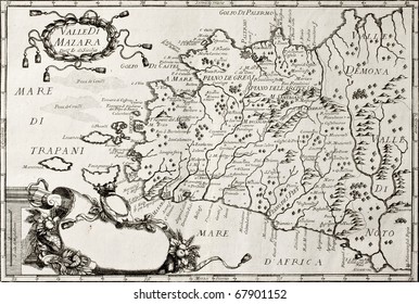 Old map of West Sicily. The original map is datable approximately between the end of 17th c. and the beginning of 18th c. and was created by Franciscus Cassianus Da Silva