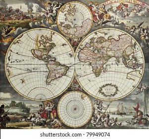 Old map of world hemispheres. Created by Frederick De Wit, published in Amsterdam, 1668
