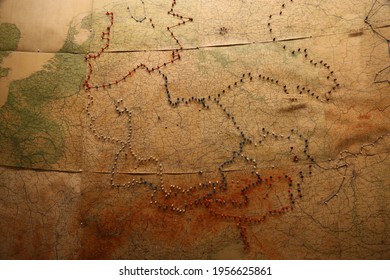 Old Map Of World War II In The Churchill War Rooms In London, England, United Kingdom