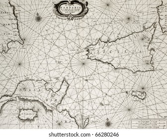 Old maritime map of North Africa coast and South Mediterranean, around Sicily, Sardinia, Malta and Cape Bon, including an insert map of Tabarka island. May be dated to the second half of 17th c.
