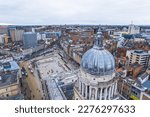 Old Market Square in Nottingham from the sky, offices and houses, United Kingdom. High quality photo
