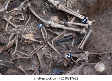 Old Mass Burial Of Human Remains On The Battlefield. War Crime. Echo Of War. Mass Grave. 
With Archaeological Markers