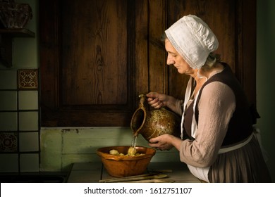 Old Master style Renaissance portrait of a woman preparing food in an antique kitchen