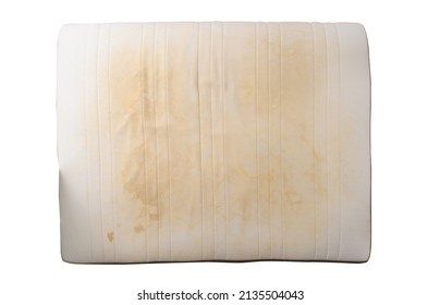 an old mattress with yellow spots and streaks before dry cleaning. Top view, isolated