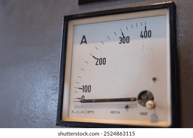 Old measuring device for measuring the power of a machine. Gauge, meter, measuring tool, control board, compression, power plant, industry. 