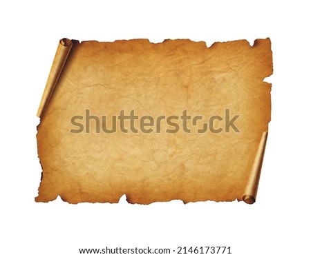 Old mediaeval paper sheet. Horizontal parchment scroll isolated on white background