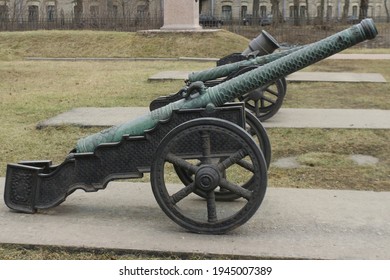 old medieval bronze cannon on the gun carriage 