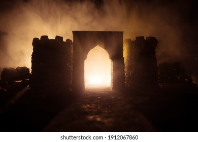 Old Medieval castle at night. Creative artwork decoration. Foggy background. Selective focus