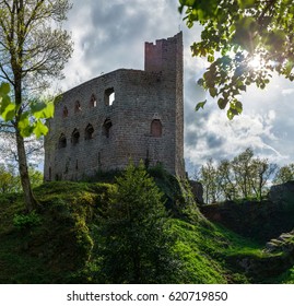 Old Medieval Fortress Ruins Of Chateau Spesbourg In Deep Forest, Alsace, France, HD Quality