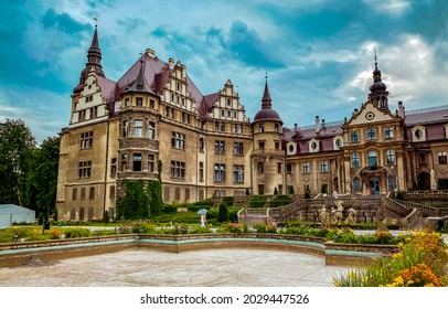 Old Medieval Mansion Garden In Germany, Europe. Castle Manor. Gothic Palace