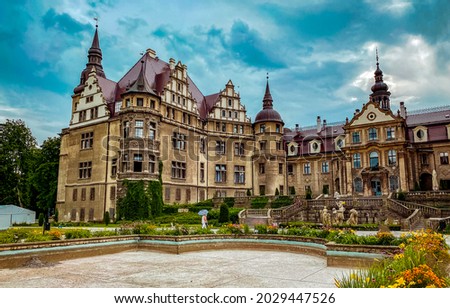 Old medieval mansion garden in Germany, Europe. Castle manor. Gothic palace