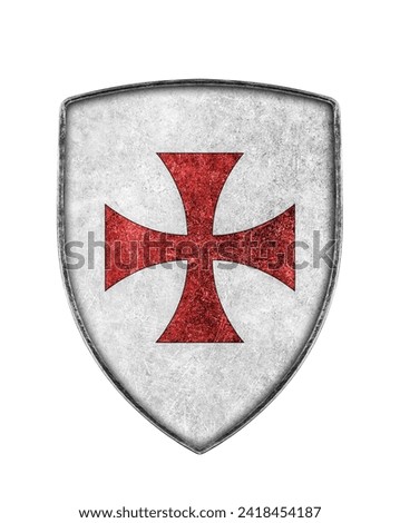 Old metal crusaders shield with cross isolated on white background