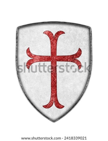 Old metal crusaders shield with red cross isolated on white background