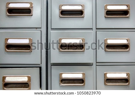 Old Metal drawer cabinet. Idea use of contain and categorize secret papers and  documents.