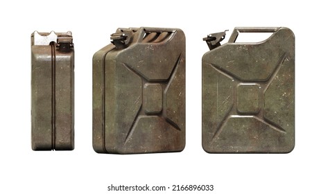 Old Metal Fuel Tank for Transporting and Storing Petrol, Vintage 20L Fuel Can Jerrycan Isolated on a White Background, Old-Fashioned Rusty Military Gasoline Canisters, Motor Oil or Fuel Concept