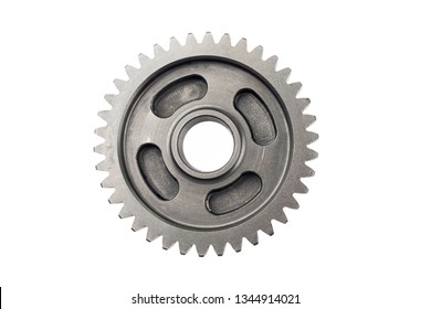 Old Metal Gear Wheel Or Pinion Part , Motorcycle Gear Driven Gear Reduction Ratio  Isolated On White Background.clipping Path Included.