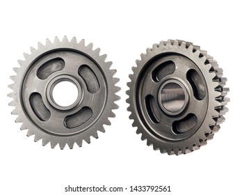 Old Metal Gear Wheel Or Pinion Part , Motorcycle Gear Driven Gear Reduction Ratio Isolated On White Background.