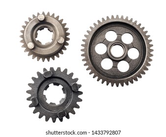 Old Metal Gear Wheel Or Pinion Part , Motorcycle Gear Driven Gear Reduction Ratio Isolated On White Background.