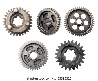 Old Metal Gear Wheel Or Pinion Part , Motorcycle Gear Driven Gear Reduction Ratio Isolated On White Background.