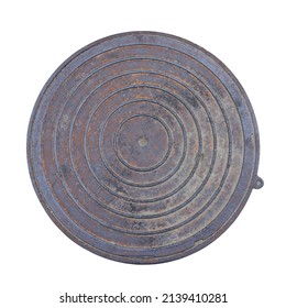 Old metal iron manhole cover with neck edging sewer cap isolated on white