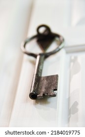 Old Metal Key On Cupboard. Locked Cabinet Door With Rarity Key