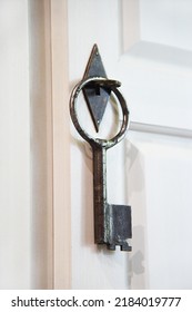 Old Metal Key On Cupboard. Locked Cabinet Door With Rarity Key