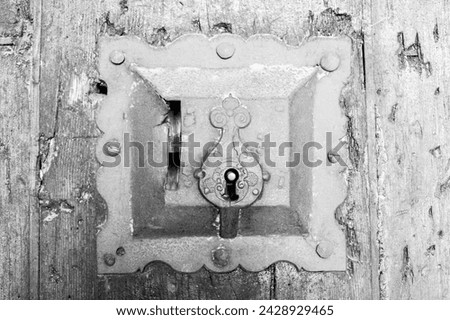 Old metal keyhole and escutcheon on a medieval wooden door in a close up view