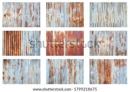 Old metal sheet roof texture isolated on white background. Rusty metal sheet texture set.