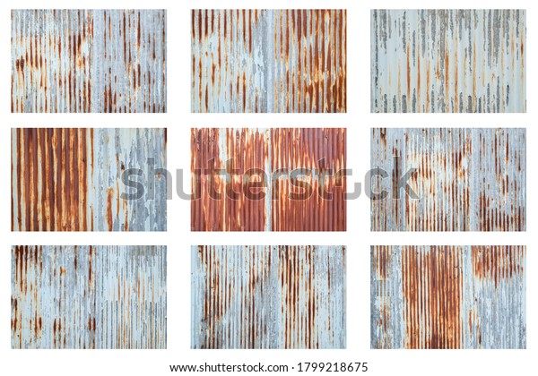 Old metal sheet roof texture isolated\
on white background. Rusty metal sheet texture\
set.