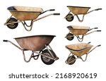 Old Dirty Garden Metal Wheelbarrow Cart Isolated on White, Used Gardening Tool Equipment Side View. Agriculture Cart Wheel Farm, Flat Lawn Ground Supplies, Garden Trolley, Handcart with Wheel