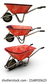 Old Dirty Garden Metal Wheelbarrow Cart Isolated On White, Used Gardening Tool Equipment Side View. Agriculture Cart Wheel Farm, Flat Lawn Ground Supplies, Garden Trolley, Handcart With Wheel