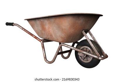 Old Dirty Garden Metal Wheelbarrow Cart Isolated On White, Used Gardening Tool Equipment Side View. Agriculture Cart Wheel Farm, Flat Lawn Ground Supplies, Garden Trolley, Handcart With Wheel