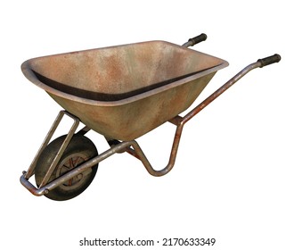 Old Dirty Garden Metal Wheelbarrow Cart Isolated On White, Used Gardening Tool Equipment Side View. Agriculture Cart Wheel Farm, Flat Lawn Ground Supplies, Garden Trolley, Handcart With Wheel