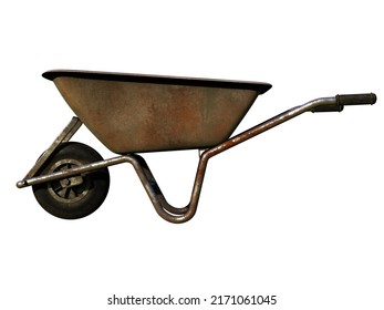 Old Dirty Garden Metal Wheelbarrow Cart Isolated On White, Used Gardening Tool Equipment Side View. Agriculture Cart Wheel Farm, Flat Lawn Ground Supplies, Garden Trolley, Handcart With Wheel