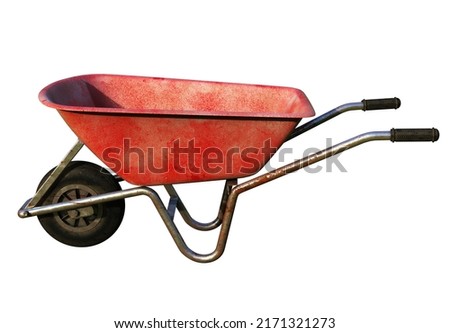 Old Dirty Garden Metal Wheelbarrow Cart Isolated on White, Used Gardening Tool Equipment Side View. Agriculture Cart Wheel Farm, Flat Lawn Ground Supplies, Garden Trolley, Handcart with Wheel