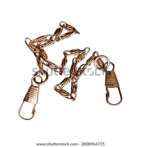 Old metallic copper chain with hooks isolated on white background 
