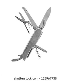 Old Metallic Swiss Pocket Knife Isolated On White