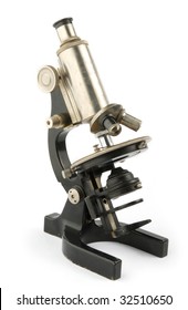 old microscope on white background