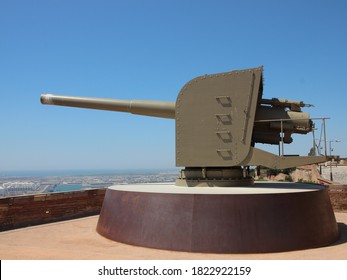 Old Military Cannon At Montjuïc Castle In Barcelona Spain Pointing To The Left. Clear Blue Sky With City In The Background.