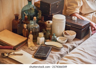 An Old Military Field Hospital With Retro Tents And Vintage Medical Beds From The First World War. Mobile Clinic For The Treatment Of Soldiers Of The Early Twentieth Century