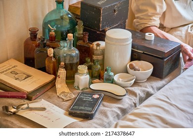 An Old Military Field Hospital With Retro Tents And Vintage Medical Beds From The First World War. Times And Epochs Festival On The Streets Of Moscow, Russia, June 13, 2022